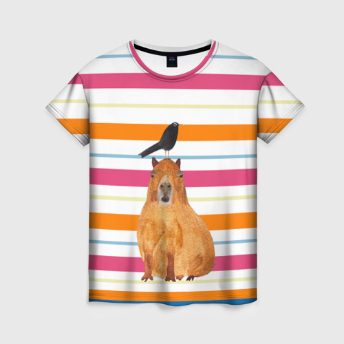 Женская футболка 3D с принтом Капибара с птичкой, вид спереди #2