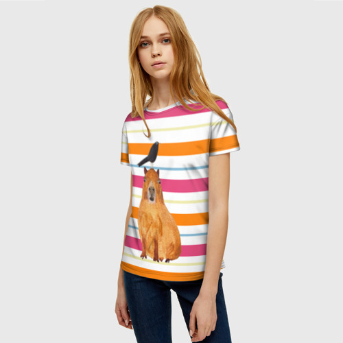 Женская футболка 3D с принтом Капибара с птичкой, фото на моделе #1