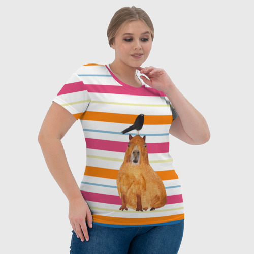 Женская футболка 3D с принтом Капибара с птичкой, фото #4