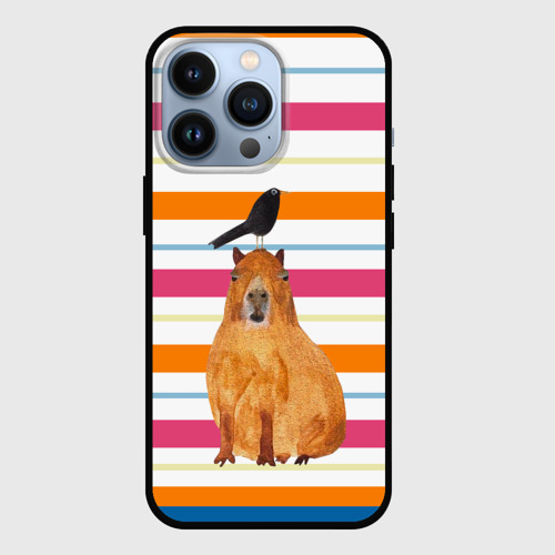 Чехол для iPhone 13 Pro Капибара с птичкой, цвет черный