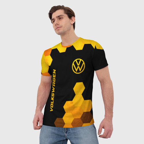Мужская футболка 3D Volkswagen - gold gradient: символ и надпись вертикально, цвет 3D печать - фото 3
