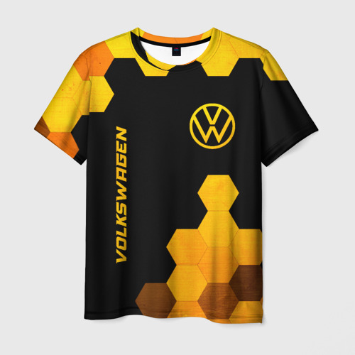 Мужская футболка 3D Volkswagen - gold gradient: символ и надпись вертикально, цвет 3D печать