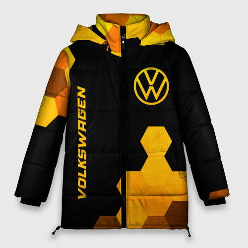 Женская зимняя куртка Oversize Volkswagen - gold gradient: символ и надпись вертикально, цвет черный