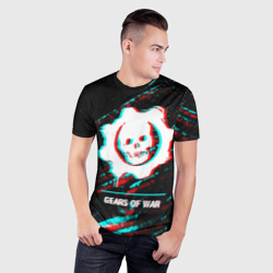 Мужская футболка 3D Slim Gears of War в стиле glitch и баги графики на темном фоне - фото 2