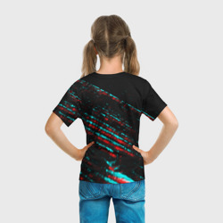 Футболка с принтом Gears of War в стиле glitch и баги графики на темном фоне для ребенка, вид на модели сзади №3. Цвет основы: белый