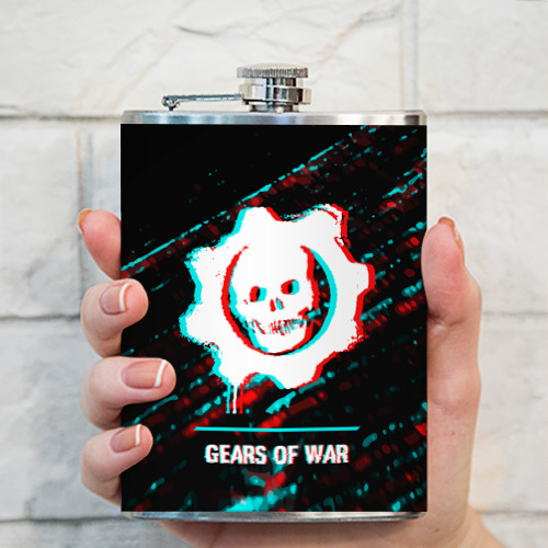 Фляга Gears of War в стиле glitch и баги графики на темном фоне - фото 3