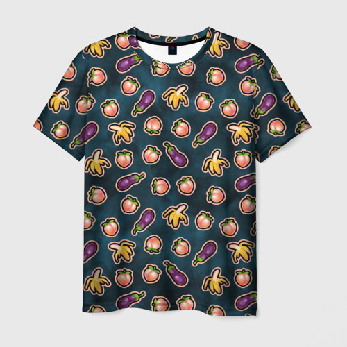 Мужская футболка с принтом Баклажаны персики бананы паттерн, вид спереди №1
