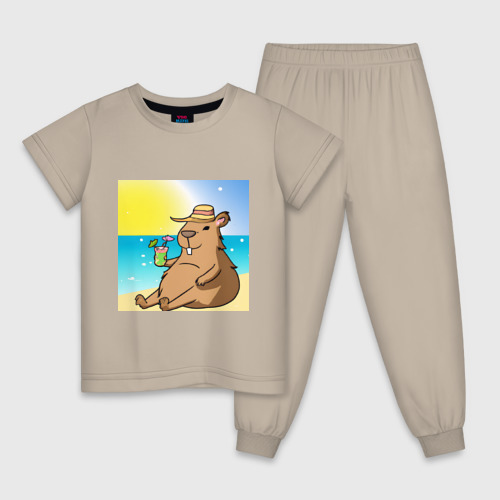 Детская пижама хлопок Капибара на пляже, цвет миндальный