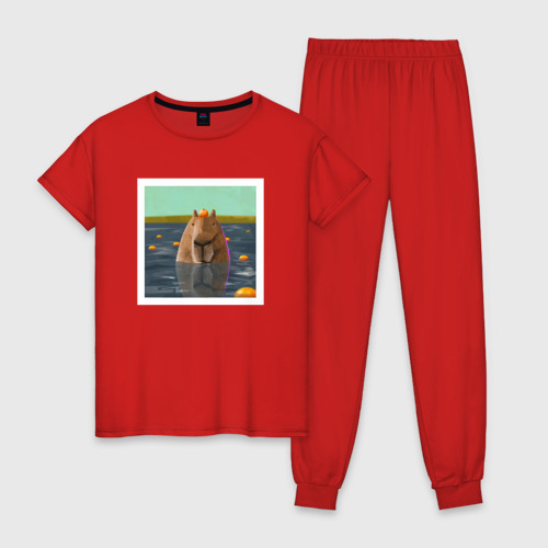 Женская пижама хлопок Капибара и мандарины, цвет красный