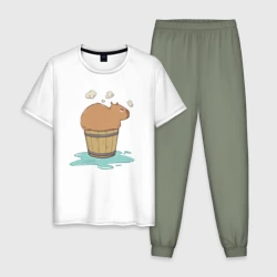 Мужская пижама с белой футболкой хлопок Капибара на чиле