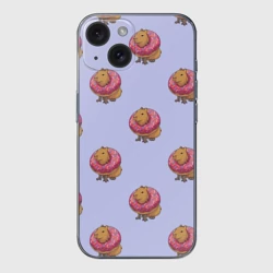 Чехол для iPhone 15 силиконовый с защитой камеры Капибара в пончике паттерн