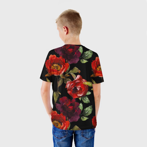 Детская футболка 3D Цветы Нарисованные Розы На Чёрном Фоне, цвет 3D печать - фото 4
