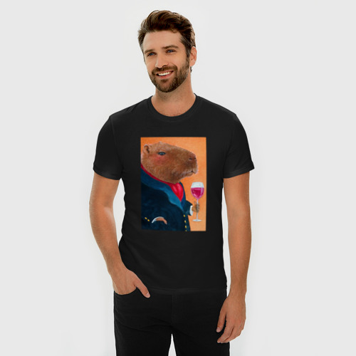 Мужская футболка хлопок Slim Элегантная капибара, цвет черный - фото 3