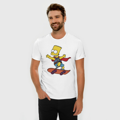 Мужская футболка хлопок Slim с принтом Барт Симпсон - крутой скейтер, фото на моделе #1