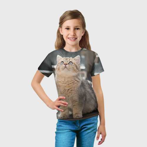 Детская футболка 3D Британская короткошёрстная кошка смотрит вверх, цвет 3D печать - фото 5