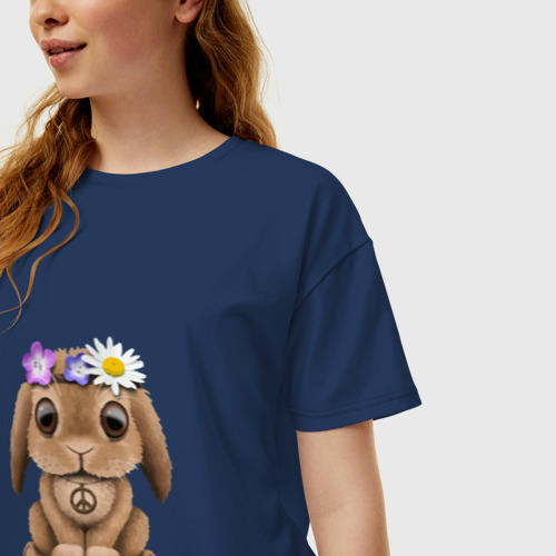 Женская футболка хлопок Oversize Мир - Кролик, цвет темно-синий - фото 3