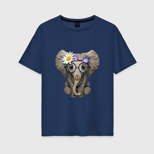 Женская футболка хлопок Oversize Мир - Слон, цвет темно-синий