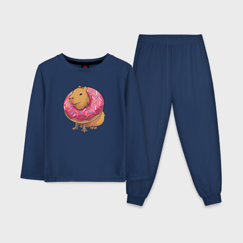 Детская пижама с лонгсливом хлопок Капибара и пончик, цвет темно-синий