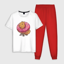 Мужская пижама с белой футболкой хлопок Капибара и пончик