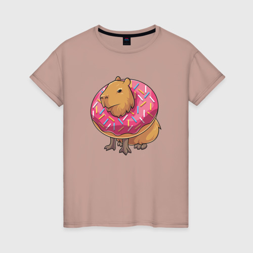 Женская футболка хлопок Капибара и пончик, цвет пыльно-розовый
