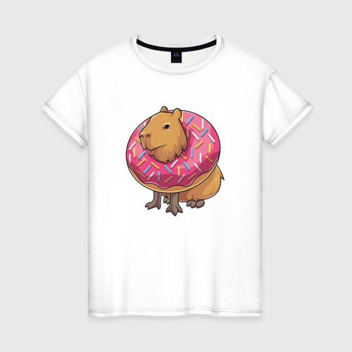 Женская футболка из хлопка с принтом Капибара и пончик, вид спереди №1