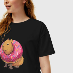 Женская футболка хлопок Oversize Капибара и пончик - фото 2