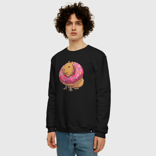 Мужской свитшот хлопок Капибара и пончик, цвет черный - фото 3