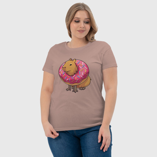 Женская футболка хлопок Капибара и пончик, цвет пыльно-розовый - фото 6