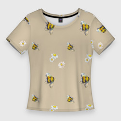 Женская футболка 3D Slim Цветы Ромашки и Пчёлы