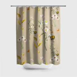 Штора 3D для ванной Нарисованные Цветы Ромашки и Пчёлы