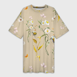 Платье-футболка 3D Нарисованные Цветы Ромашки и Пчёлы