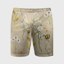Мужские шорты спортивные Нарисованные Цветы Ромашки и Пчёлы