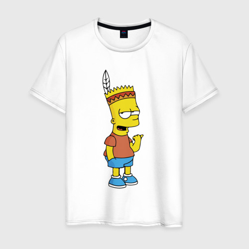Мужская футболка из хлопка с принтом Барт Симпсон - индеец, вид спереди №1