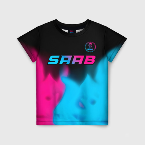 Детская футболка 3D с принтом Saab - neon gradient: символ сверху, вид спереди #2