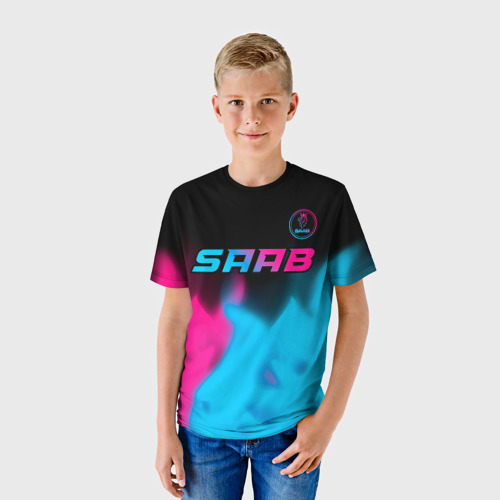 Детская футболка 3D с принтом Saab - neon gradient: символ сверху, фото на моделе #1