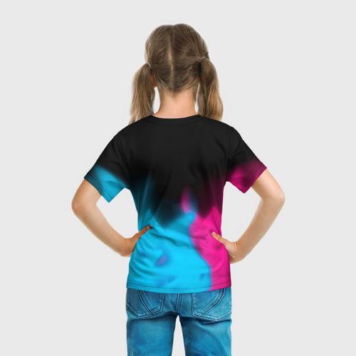 Детская футболка 3D с принтом Saab - neon gradient: символ сверху, вид сзади #2