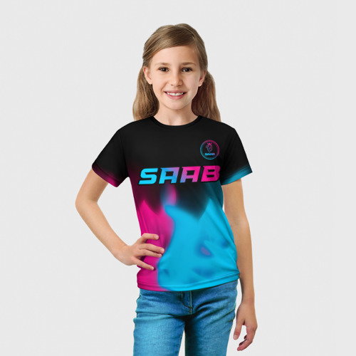 Детская футболка 3D с принтом Saab - neon gradient: символ сверху, вид сбоку #3
