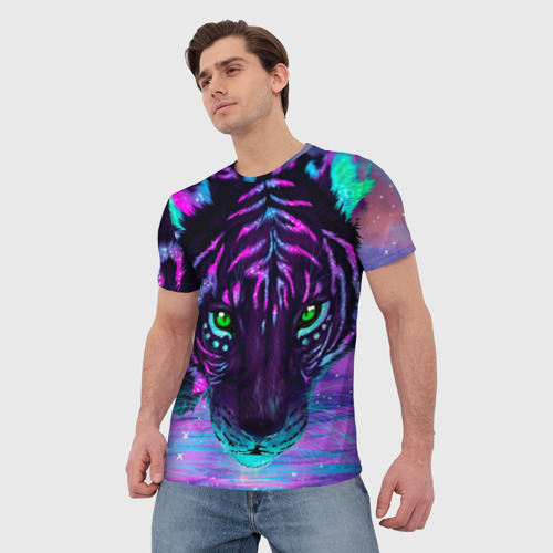 Мужская футболка 3D Светящийся неоновый тигр, цвет 3D печать - фото 3