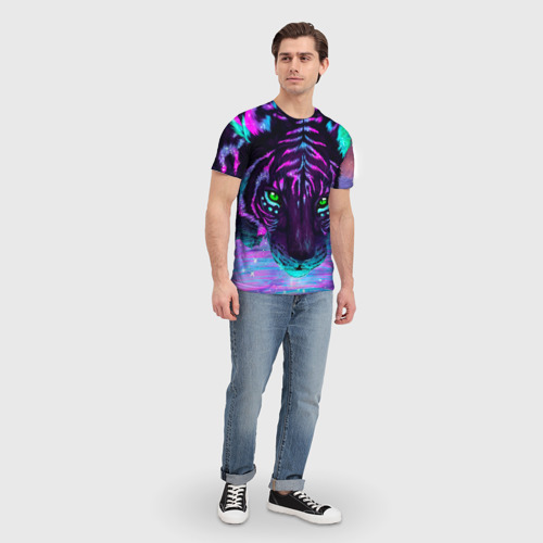 Мужская футболка 3D Светящийся неоновый тигр, цвет 3D печать - фото 5