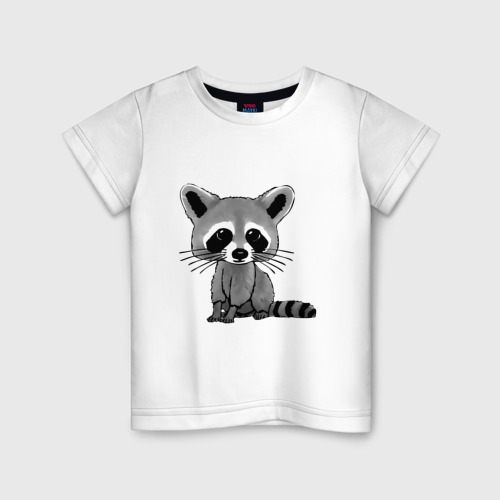 Детская футболка из хлопка с принтом Милый крошка енот, вид спереди №1