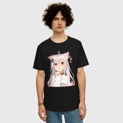 Мужская футболка хлопок Oversize Неко кошка-девочка, цвет черный - фото 3