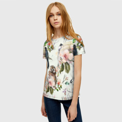 Женская футболка 3D Цветы Нарисованные Магнолии и Птицы - фото 2