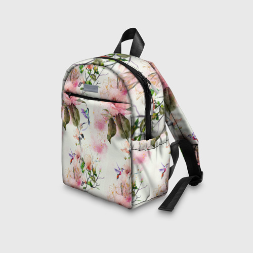 Детский рюкзак 3D с принтом Цветы Нарисованные Магнолии и Разноцветные Птицы, вид сбоку #3