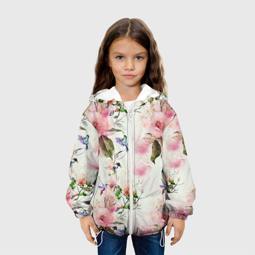 Детская куртка 3D с принтом Цветы Нарисованные Магнолии и Разноцветные Птицы, вид сбоку #3