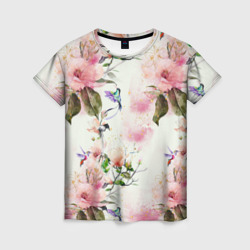 Женская футболка 3D Цветы Нарисованные Магнолии и Разноцветные Птицы