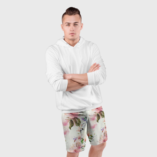 Мужские шорты спортивные с принтом Цветы Нарисованные Магнолии и Разноцветные Птицы, фото #4
