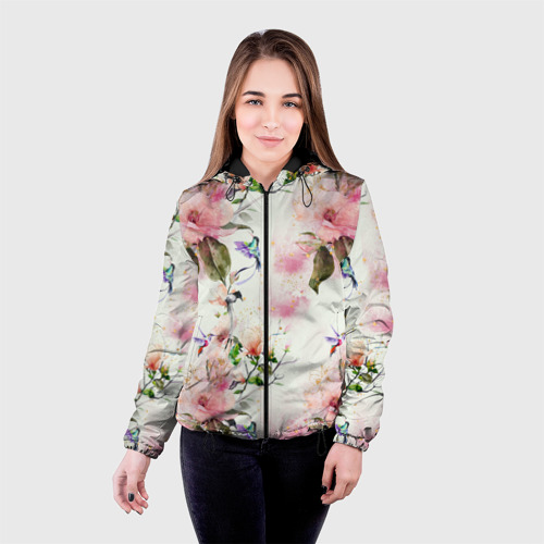 Женская куртка 3D Цветы Нарисованные Магнолии и Разноцветные Птицы, цвет черный - фото 3