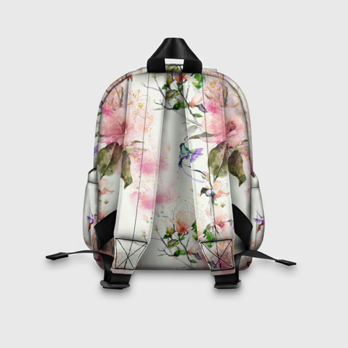 Детский рюкзак 3D с принтом Цветы Нарисованные Магнолии и Разноцветные Птицы, вид сзади #2