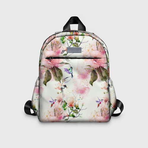 Детский рюкзак 3D с принтом Цветы Нарисованные Магнолии и Разноцветные Птицы, вид спереди #2