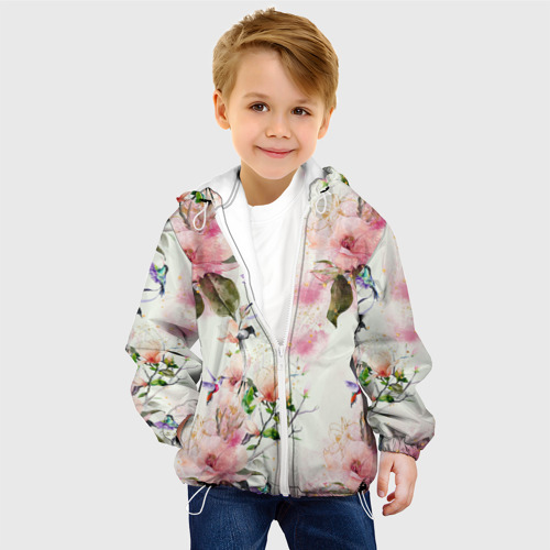 Детская куртка 3D с принтом Цветы Нарисованные Магнолии и Разноцветные Птицы, фото на моделе #1